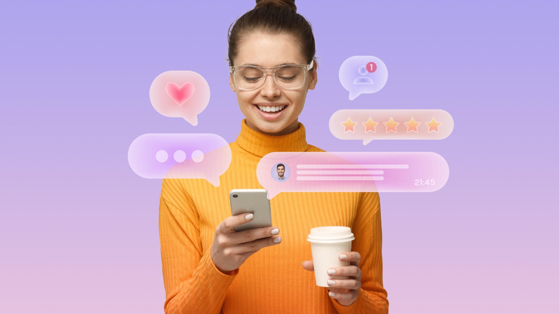 Pretty stylish female blogger checking social media notifications holding smartphone and plastic cup of coffee surrounded with speech bubbles, isolated over blue gradient background